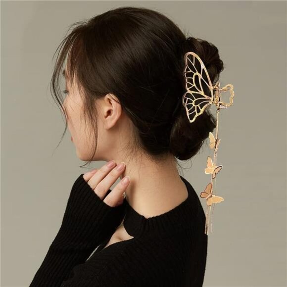 4 PACK Metal Big Gold Butterfly Hair Clips Clamp Tassel Nonslip Hair Claw - Picture 4 of 7